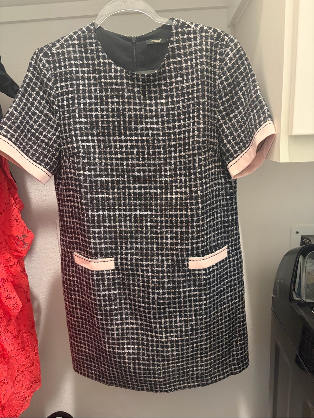 Black & White Tweed Shift Dress with Pink Trim